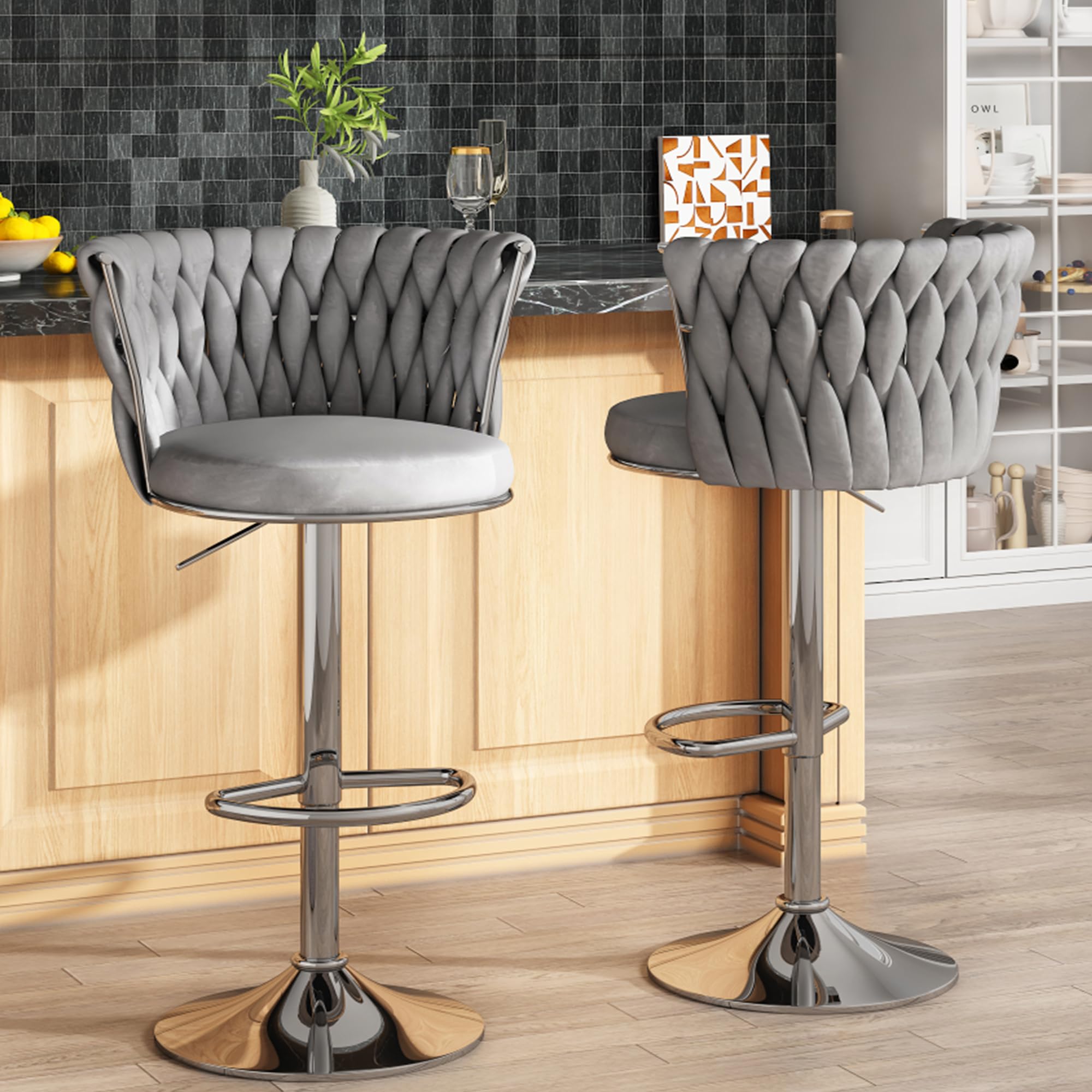 Lamerge Grey Bar Stool Set of 2, Velvet Swivel Bar Chairs Counter Height Barstools with Back \u0026 Footrest, Adjustable Counter Stools Island Chairs for Kitchen, Bar, Dining Room